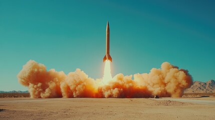 A ballistic missile rises from a desert launch site, engulfed in flames and smoke as it ascends rapidly into the sky