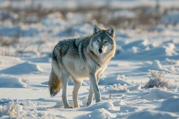 Naklejka premium Gray wolf surveys the icy tundra, its fur thick and protective against the harsh cold. The stark landscape highlights the wolf’s strength and adaptability in the wild.