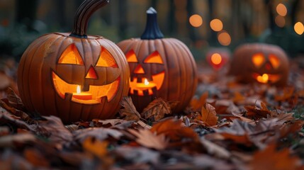 Glowing jack-o'-lanterns in forest, surrounded by autumn leaves. Perfect for Halloween and fall celebrations. Spooky ambiance and festive decor.