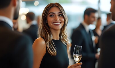 Woman Smiles Holding a Glass of Wine at a Social Gathering