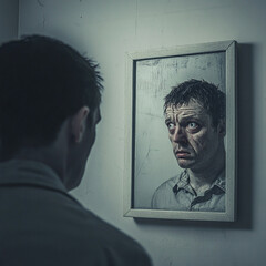 Criminal Looking at Himself in the Mirror with Disgust and Hatred Toward Humanity
