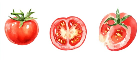 Fresh tomatoes clipart, vegetable element, watercolor illustration, sharp outlines, vibrant red, isolated on white background