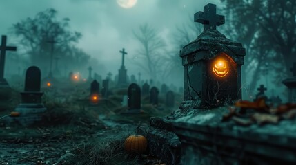 Spooky graveyard at night with glowing jack-o'-lanterns, eerie atmosphere, and fog under full moonlight.