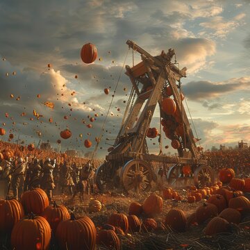A dramatic scene of a medieval trebuchet launching pumpkins in a field under a dramatic evening sky.