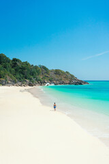 Traveler man relaxing on vacation beach joy nature view scenic landscape. summer background and summer holiday concept.