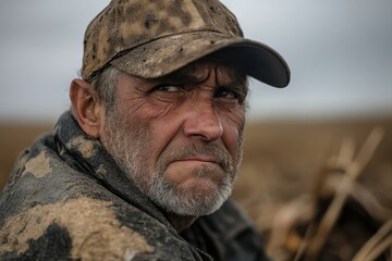 Fototapeta premium A weary farmer, in worn and muddy clothes, rests in his field, his expression a portrait of fatigue and resilience, capturing the essence of agricultural hardships.