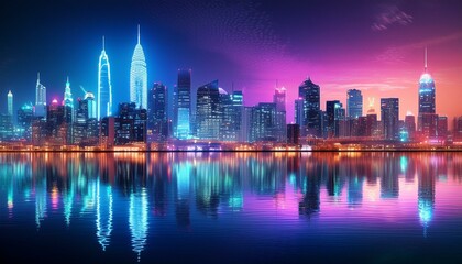Obraz premium A vibrant city skyline at night, with bright neon lights reflecting off a calm water surface