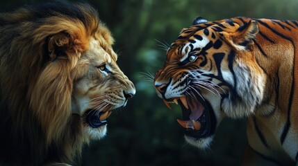 Lion vs angry tiger dramatic jungle background wallpaper AI generated image