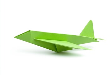 Paper Airplane Green. Origami Art Concept in Green with White Background