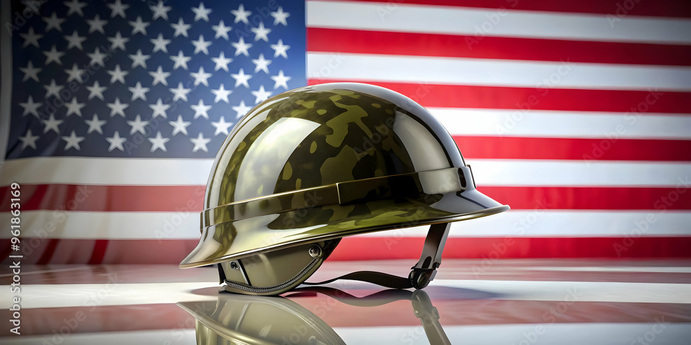 Wall mural 3d glossy military helmet with american flag on reflective surface - a powerful tribute to veterans 