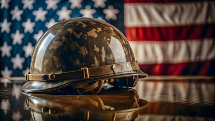 3D Glossy Military Helmet & American Flag on Reflective Surface - Symbolizing Veteran Sacrifice with Soft Lighting Effect