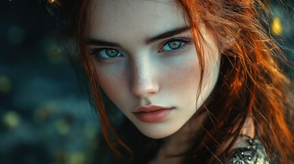 Naklejka premium Close up of beautiful face woman elf medieval warrior character background wallpaper AI generated image