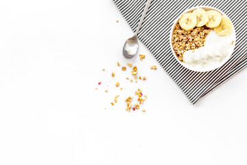 food for healthy breakfast with granola on white background top view mock up