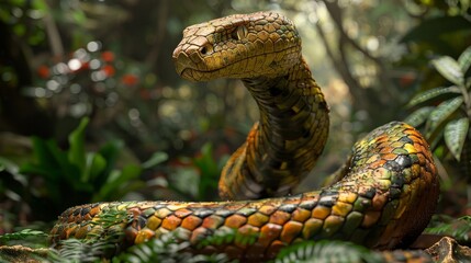 Fototapeta premium Close Up of a Green and Yellow Snake in a Jungle