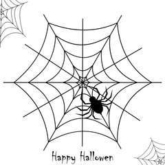 Happy Halloween. Black and white background design for Halloween banner or decor, postcard, greeting. Vector Happy Halloween lettering, web, spider.