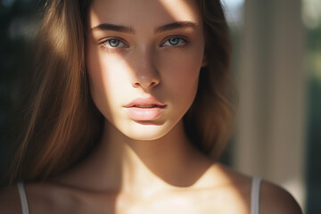 Fototapeta premium Young female model, portrait photography, natural sunlight, soft focus, bokeh background, pale pastel tones, serene mood, beauty shot with focus on eyes and lips, glowing skin, minimal makeup.