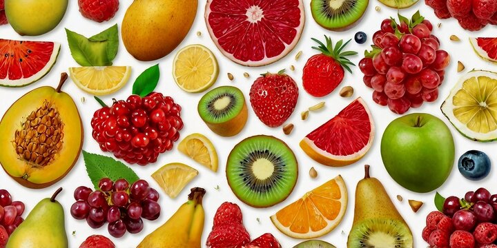 Bel&iacute;ssimas frutas maduras expostas sobre fundo branco.