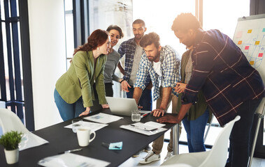 Business people, laptop and collaboration with content creation team and tech strategy, Planning, conversation and web news staff with article schedule and meeting with SEO update for company website