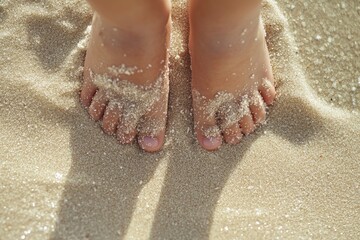 Toes In Sand. Young Kids' Feet Covered in Summer Sand on White Shore