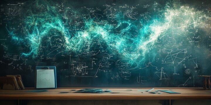 A chalkboard filled with equations and a wooden desk.