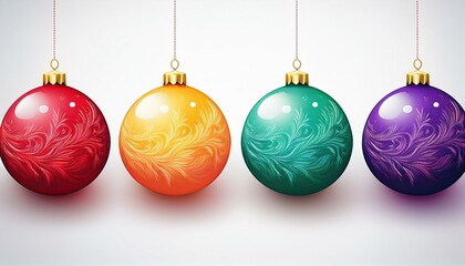 Set of four colorful Christmas balls on white background with chains