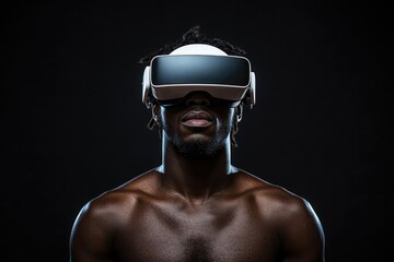 African American Gamers. Futuristic VR Headset Portrait with Virtual Reality Goggles on Black Background