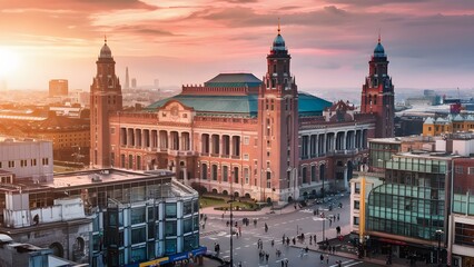 Fototapeta premium The Palace of Culture at Sunset, generative AI