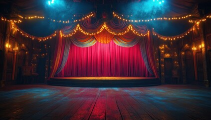 A Dramatic Stage with Red Curtains and String Lights
