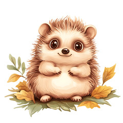 Obraz premium Hedgehog playing in a pile of leaves clipart, Autumn season, watercolor clipart, isolated on white background.