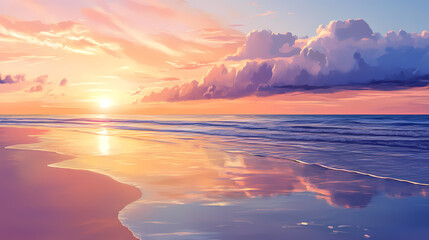 Fototapeta premium A peaceful sunset on a sandy beach with colorful sky reflecting on the water, sunset, beach, water, sky, peaceful, tranquil. Sunset Beach. Illustration