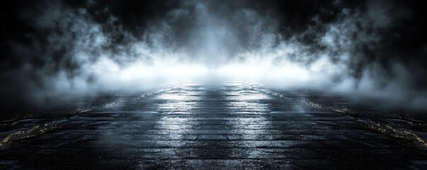Fototapeta premium A mysterious landscape featuring a foggy atmosphere with reflections on water, creating an atmospheric and surreal ambiance.