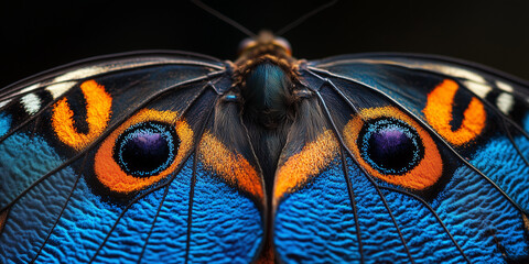 Close-Up of Blue Butterfly with Eye Patterns on Wings against Black Background