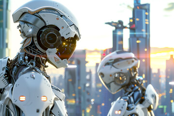 Fototapeta premium Close-up of two robot under colorful lighting background a glowing digital interface. Generative AI. 