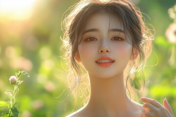 Asian woman applying lip balm with a serene expression, natural sunlight, outdoor setting, focus on natural beauty, copy space for stock photo with minimal concept, No logo, No Trademark, No text