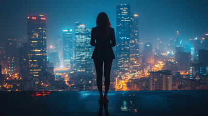Silhouette of a woman looking out over a city skyline at night.