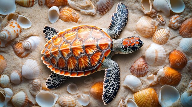 Colorful sea turtle shell on sandy beach with various seashells