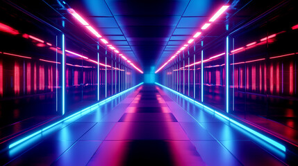 A futuristic corridor illuminated with red and blue neon lights.