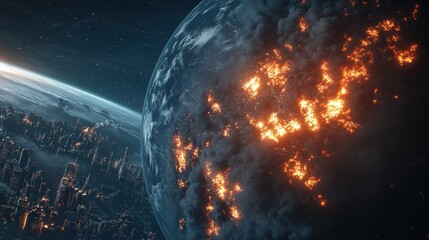The final moment of the world burning planet crashing into the destroyed city background wallpaper AI generated image