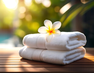  Stack of white towels with a frangipani flower in soft light, symbolizing spa relaxatio_1(816)