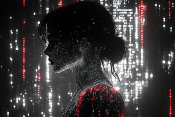 Elegant woman in a minimalist environment, wearing a dress made of digital code patterns, futuristic, black and white with neon accents, copy space for stock photo with minimal concept, No logo, No