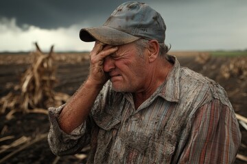 Fototapeta premium A disheartened farmer stands in a muddy field touching his ear, surrounded by the remnants of a ruined crop and under threatening skies, symbolizing his emotional and physical exhaustion.