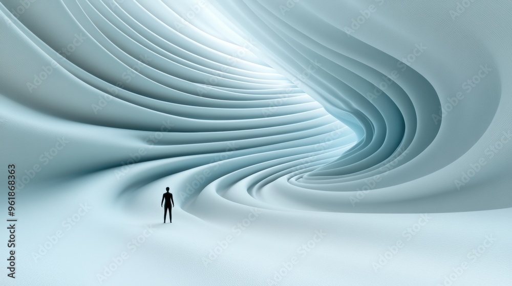 Wall mural a person standing in a white tunnel with waves of blue and purple, ai