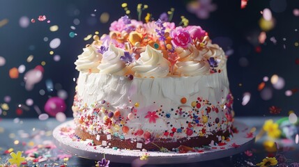 Birthday cake topped with icing flowers and decorations