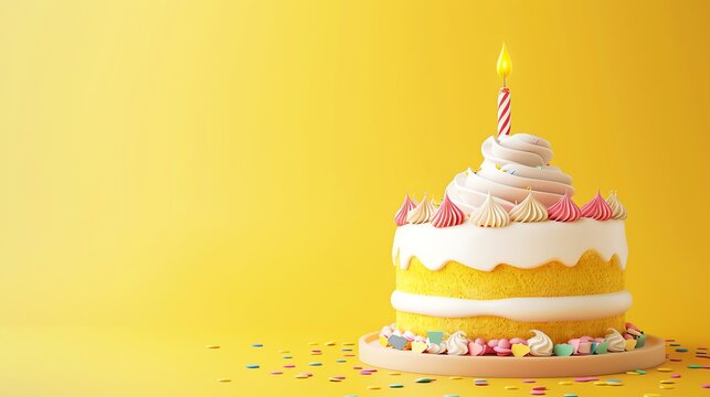 A yellow birthday cake with white frosting and sprinkles on a yellow background.