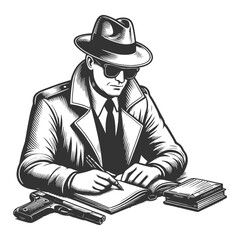 detective writing in a notebook, gun placed on the table, classic noir style sketch engraving generative ai fictional character vector illustration. Scratch board imitation. Black and white image.