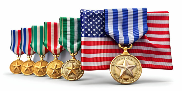 3D Military Medals and American Flag Hovering Above Ground - Symbolizing Honor and Service of Veterans in a Solemn, Dignified Scene on White Background