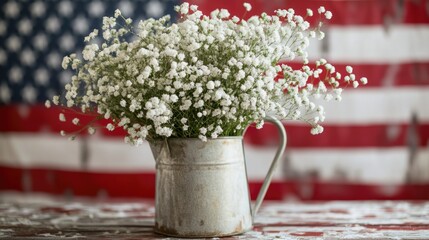 Fourth Of July Flowers. Tin Pitcher Arrangement with Red, White, and Blue Babies Breath and US Flags