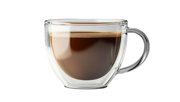 A clear glass cup filled with rich, dark coffee showcasing a smooth texture and inviting aroma, perfect for coffee lovers.