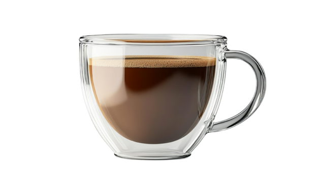 A clear glass cup filled with rich, dark coffee showcasing a smooth texture and inviting aroma, perfect for coffee lovers.