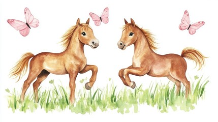 Horses With Butterflies. Watercolor Illustration of Two Bay Foals Galloping and Lying in Green Grass with Pink Butterflies